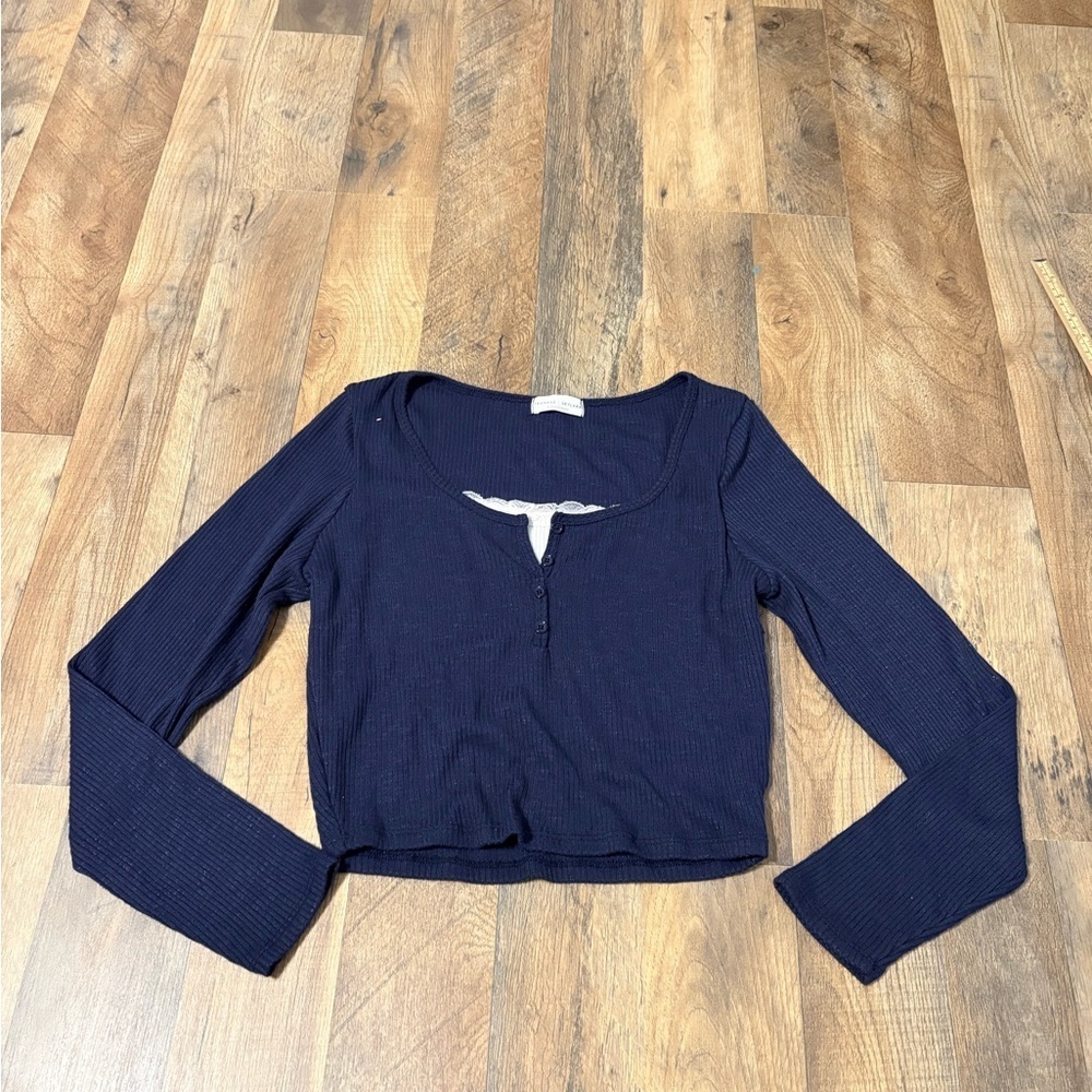 Frankie & Skylarr Ribbed Crop Henley Top Size L Navy Blue Long Sleeve Soft y2k - Picture 1 of 5